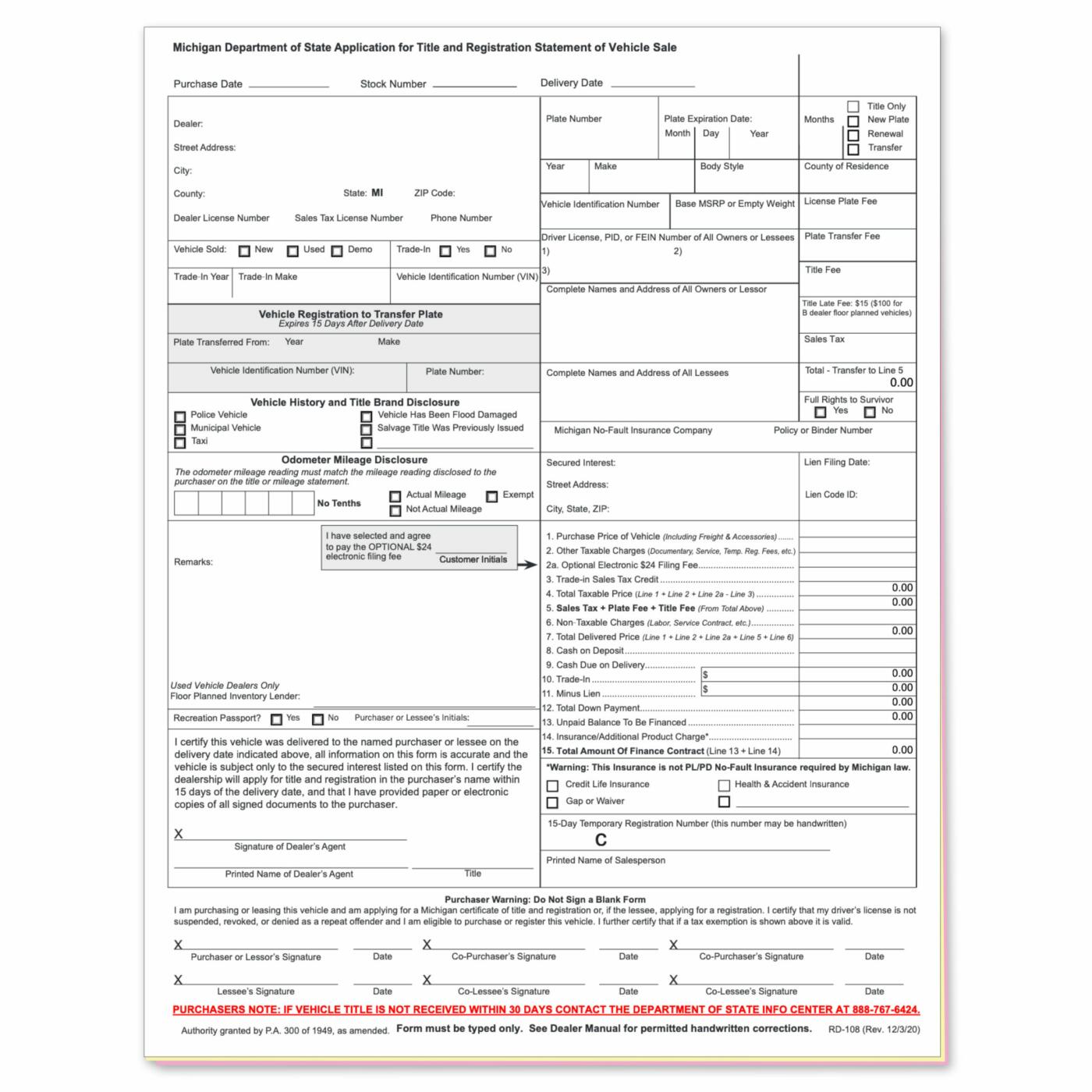 Application For Michigan Title auto dealer