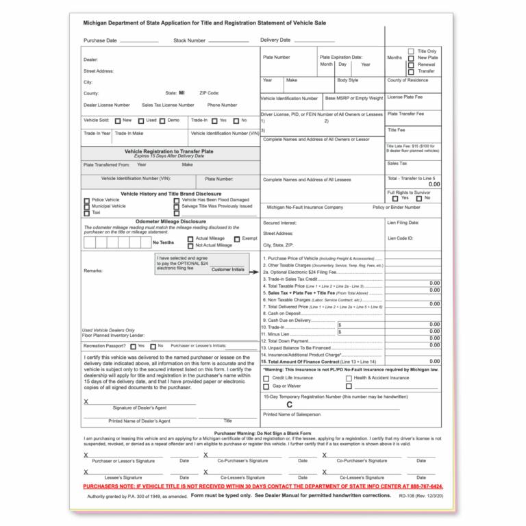 Application For Michigan Title auto dealer