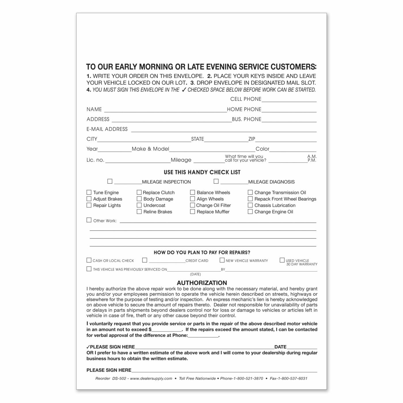 Early Bird Envelopes auto dealer service supply