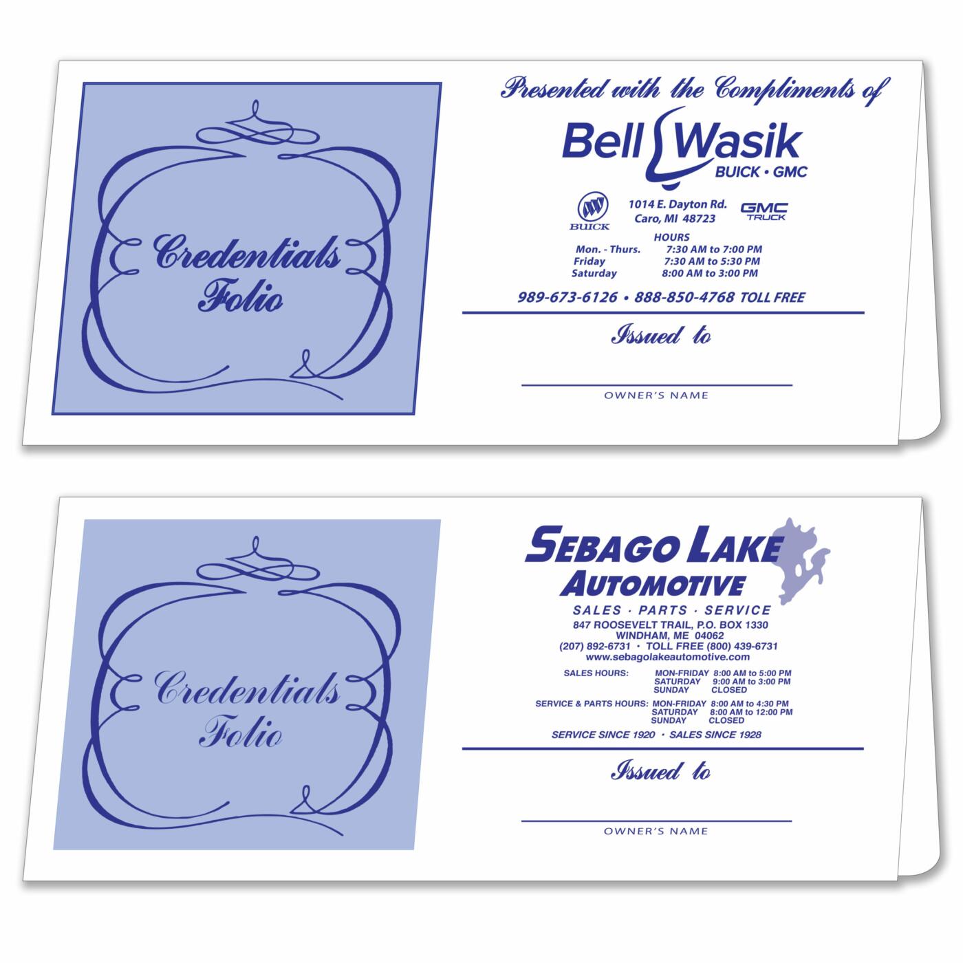 Credential Folios auto dealership supply